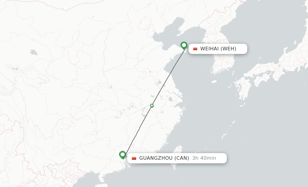 Flights from Weihai to Guangzhou route map