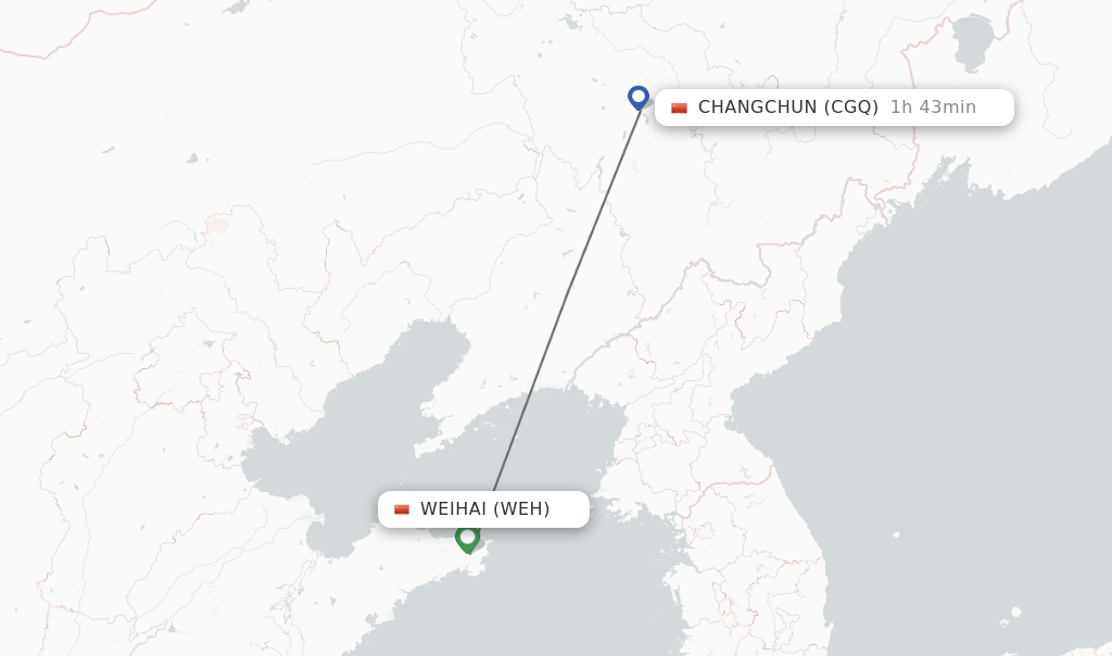 Flights from Weihai to Changchun route map