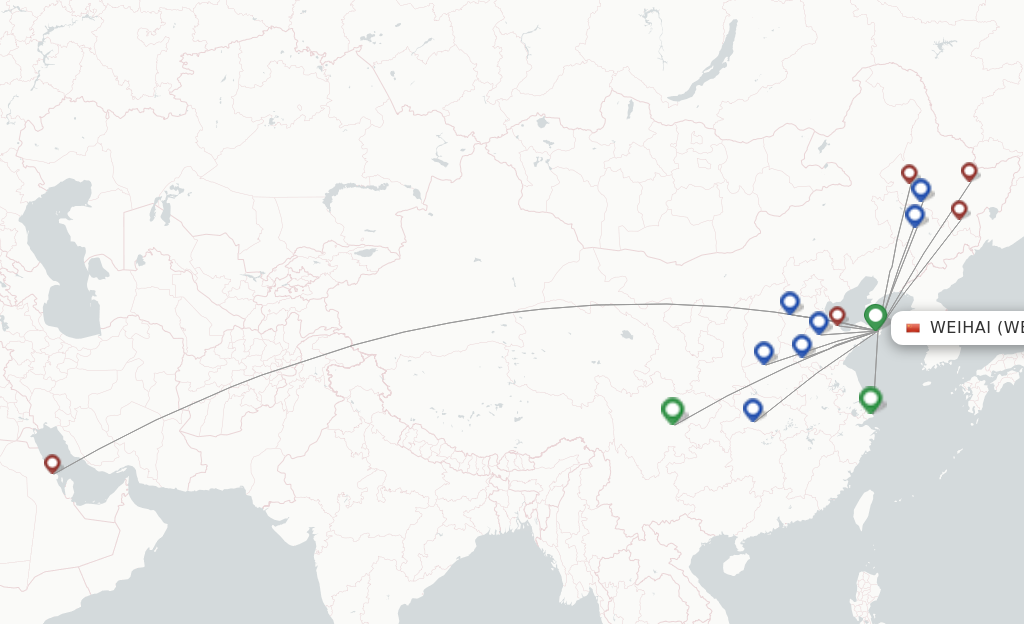 Route map with flights from Weihai with Chengdu Airlines