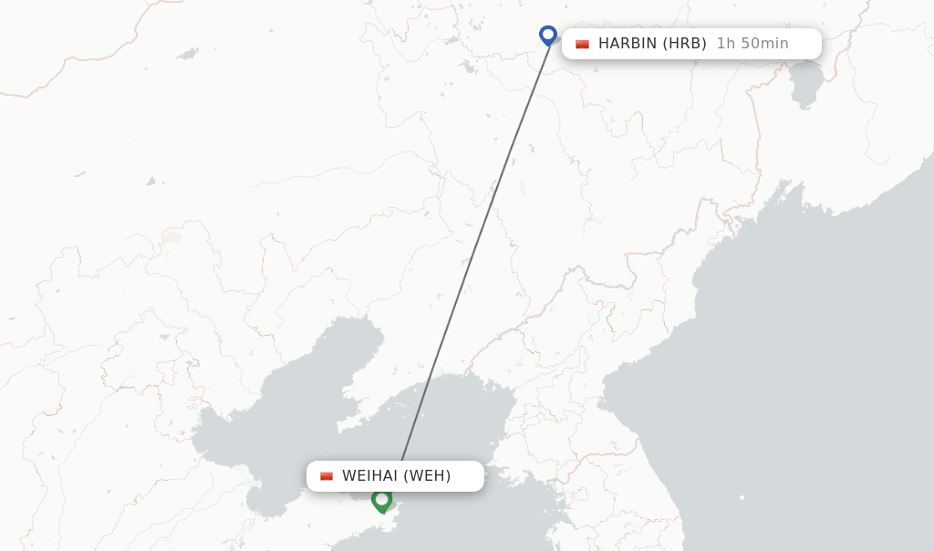 Flights from Weihai to Harbin route map