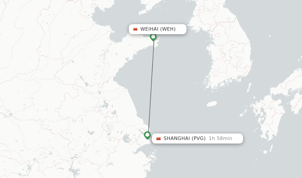Flights from Weihai to Shanghai route map