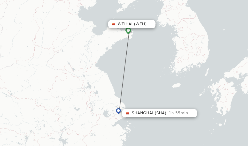 Flights from Weihai to Shanghai route map