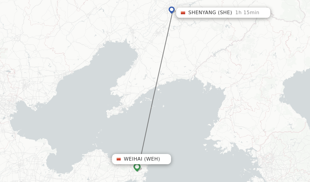 Flights from Weihai to Shenyang route map