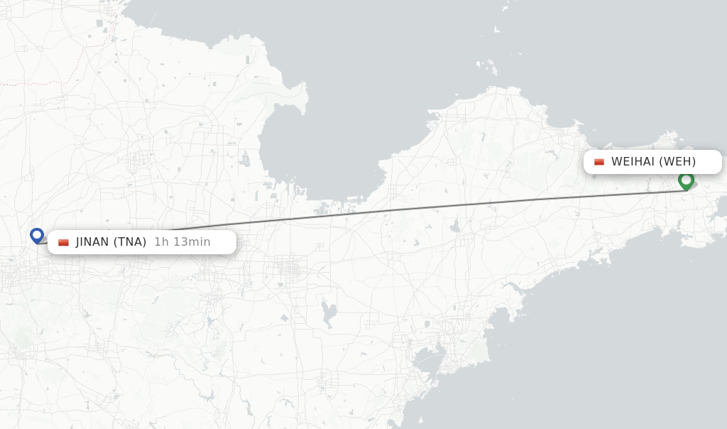 Flights from Weihai to Jinan route map