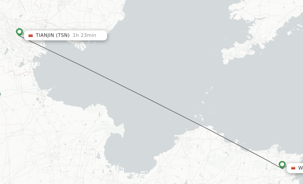 Flights from Weihai to Tianjin route map