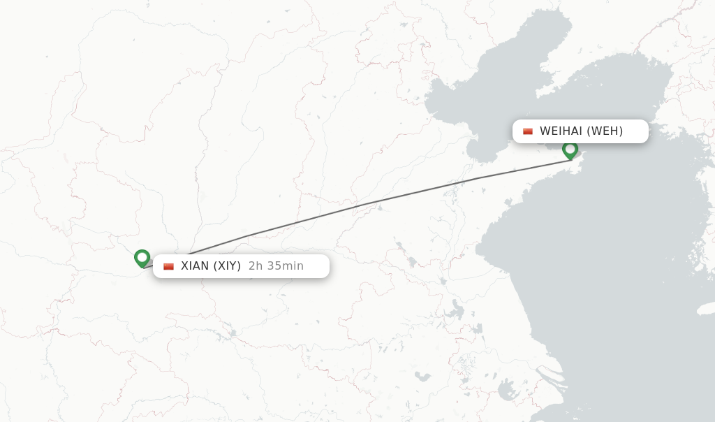 Flights from Weihai to Xian route map