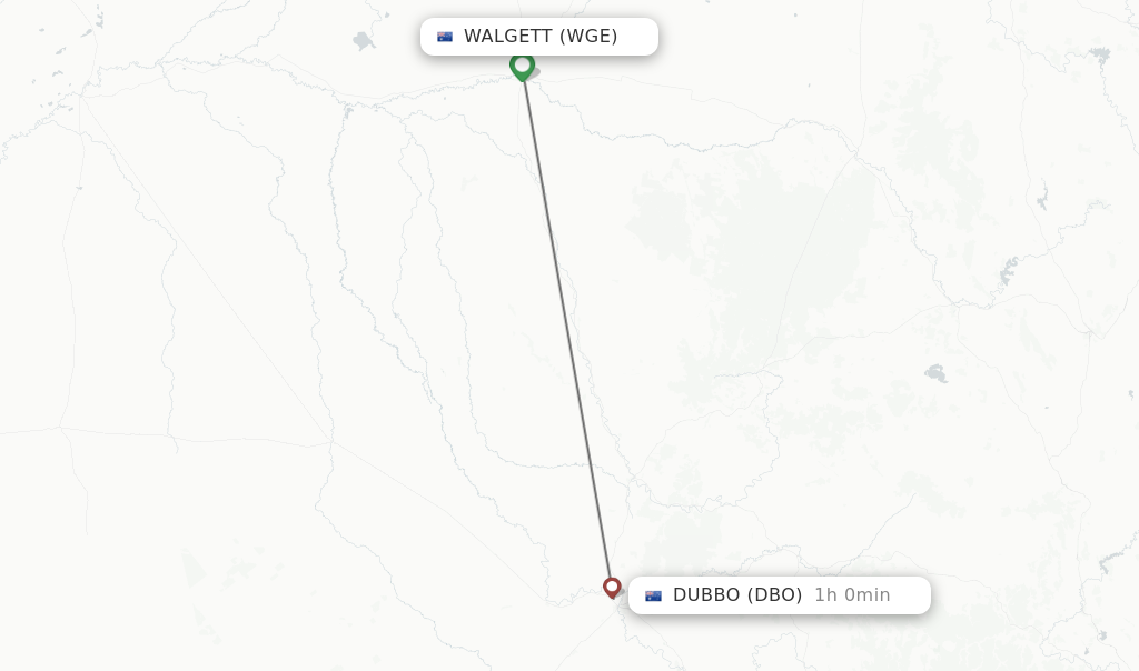 Flights from Walgett to Dubbo route map