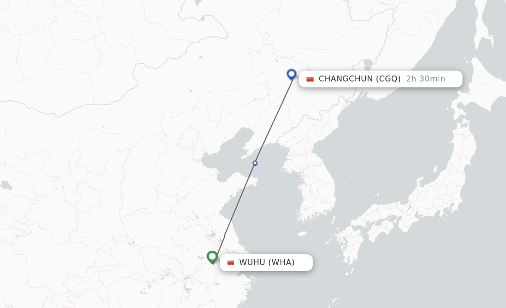 Flights from Wuhu to Changchun route map