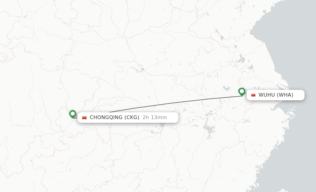 Flights from Wuhu to Chongqing route map