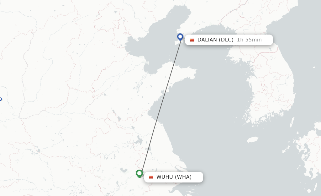 Flights from Wuhu to Dalian route map