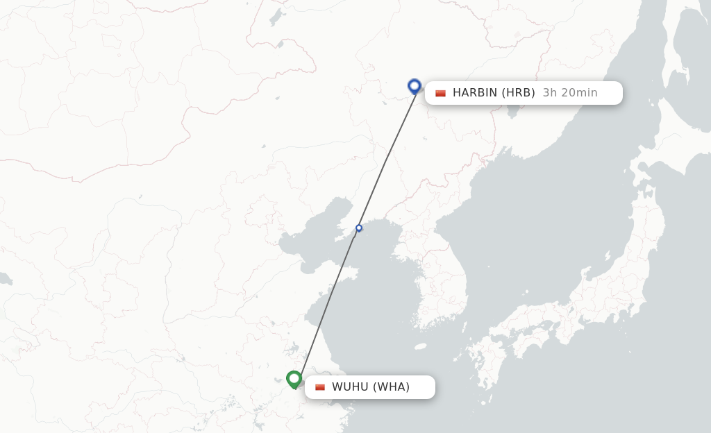 Flights from Wuhu to Harbin route map