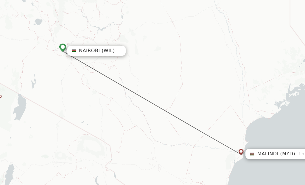 Flights from Nairobi to Malindi route map