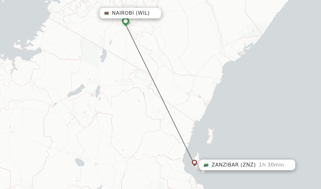 Flights from Nairobi to Zanzibar route map