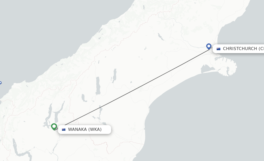 Flights from Wanaka to Christchurch route map