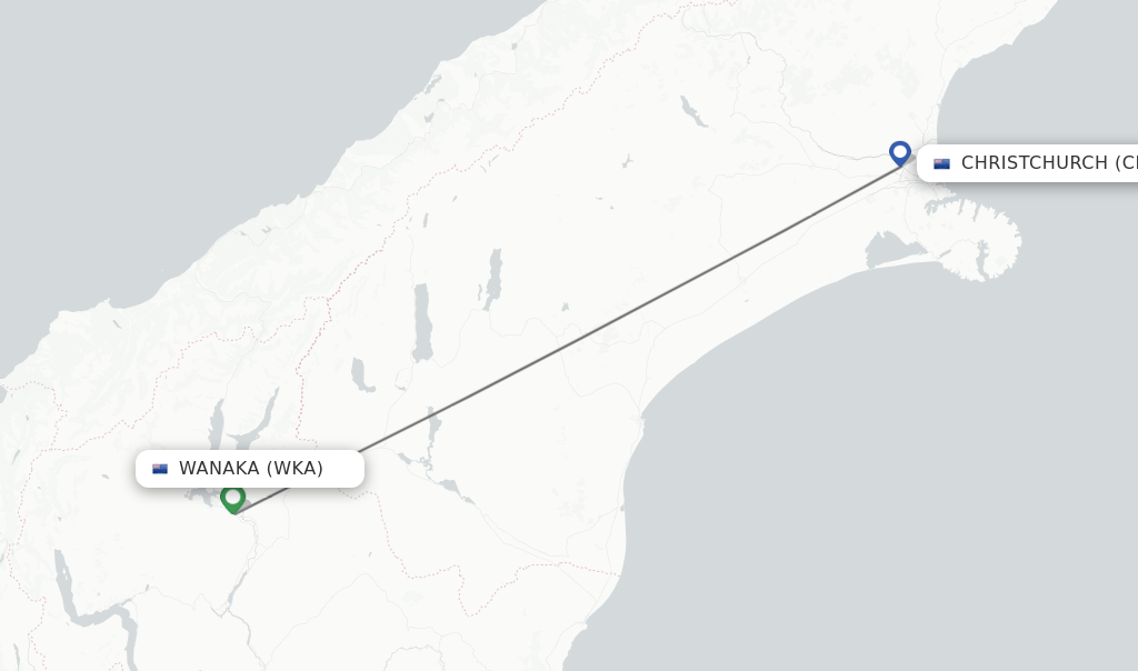 Flights from Wanaka to Christchurch route map