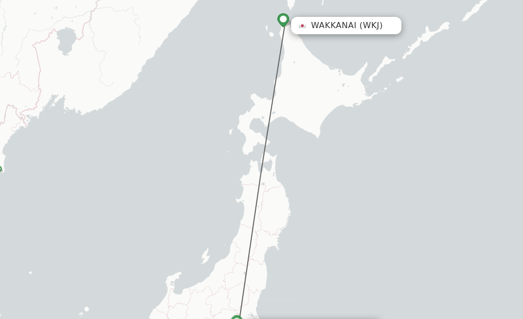 Flights from Wakkanai to Tokyo route map