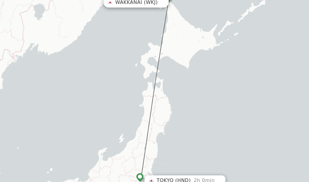 Flights from Wakkanai to Tokyo route map