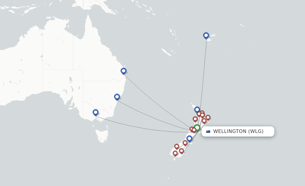 Route map with flights from Wellington with Air New Zealand