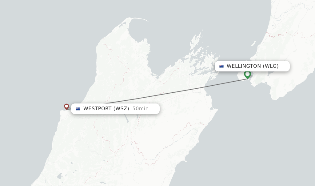 Flights from Wellington to Westport route map