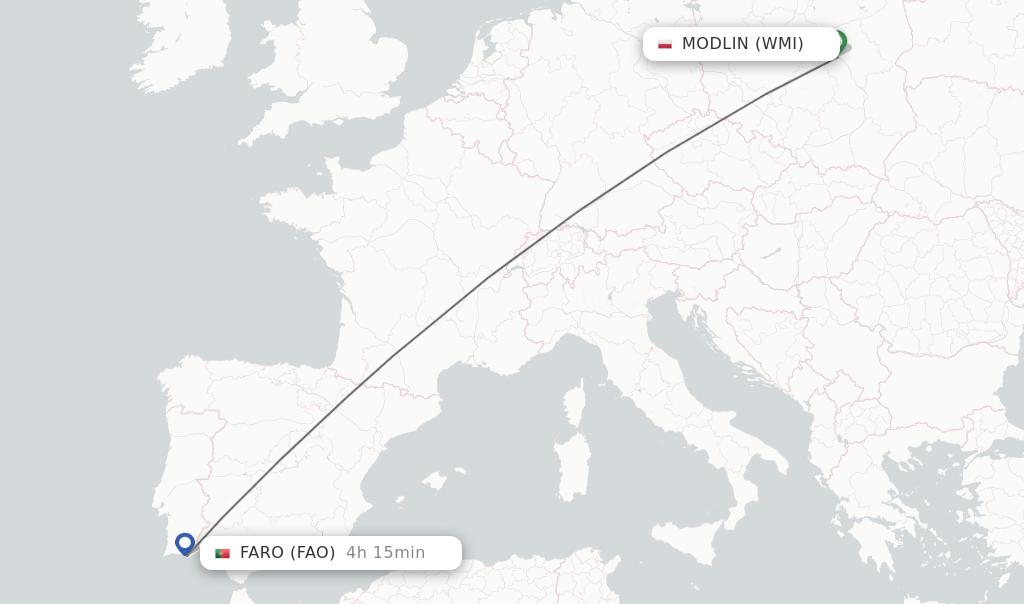 Flights from Modlin to Faro route map