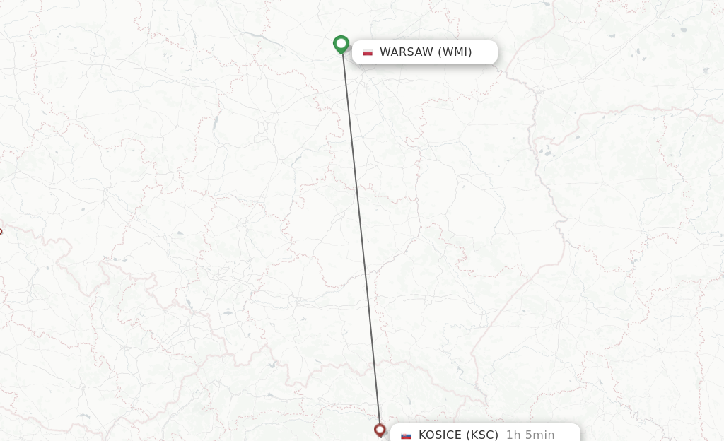 Flights from Modlin to Kosice route map