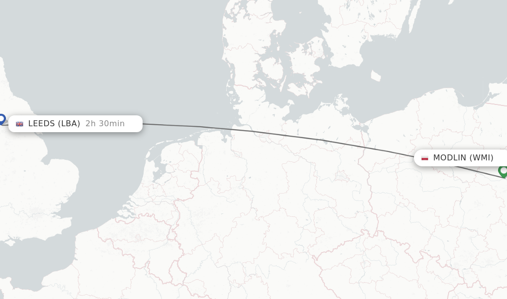 Flights from Modlin to Leeds route map