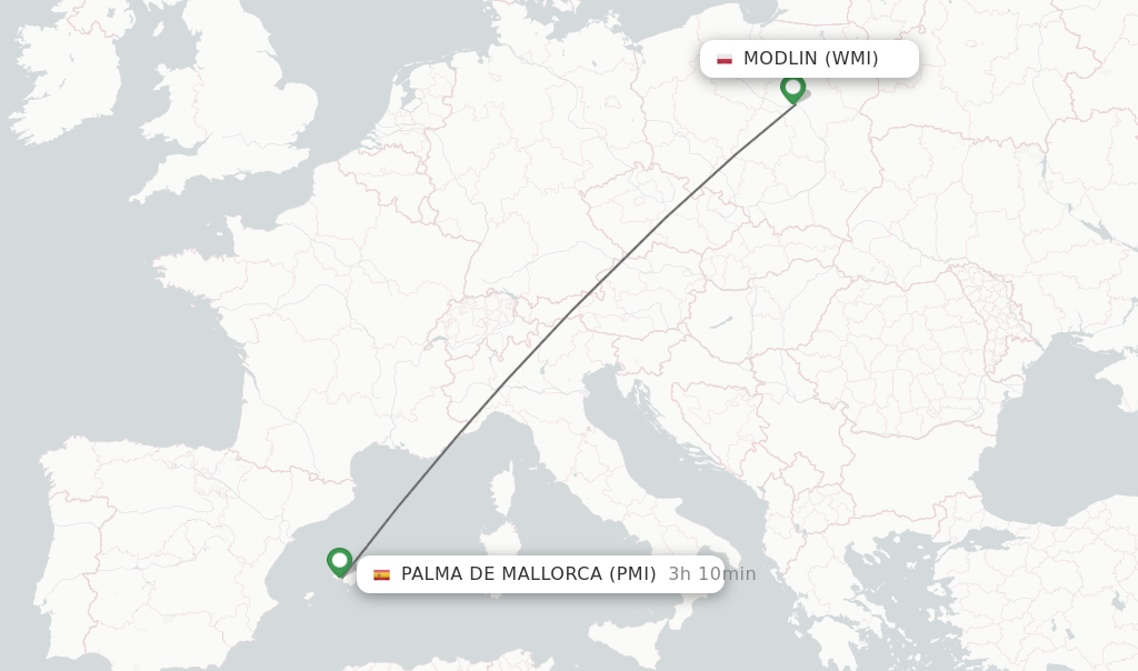 Flights from Modlin to Palma de Mallorca route map