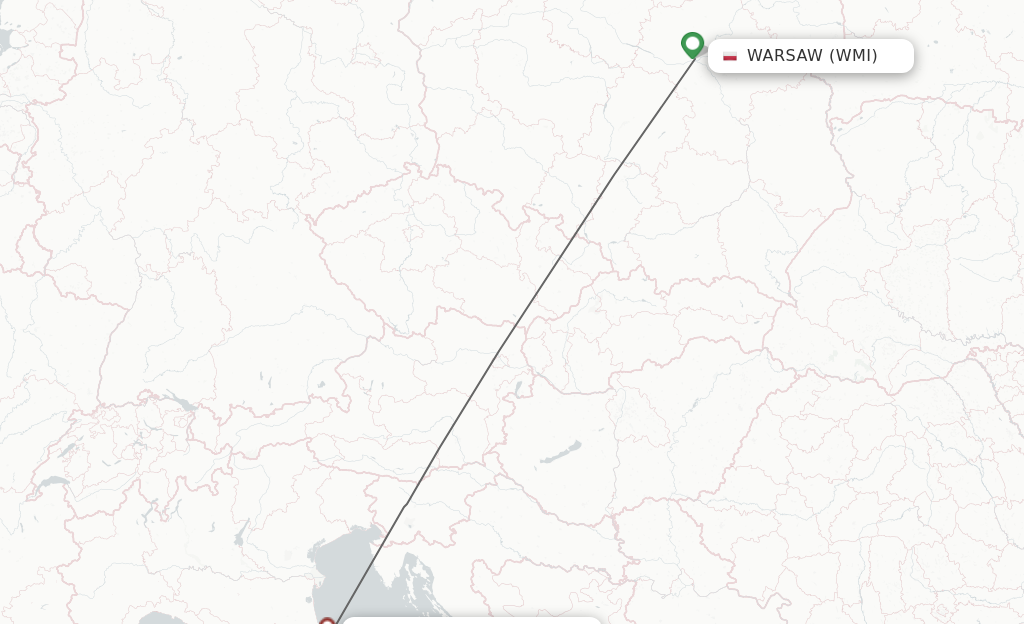 Flights from Modlin to Rimini route map