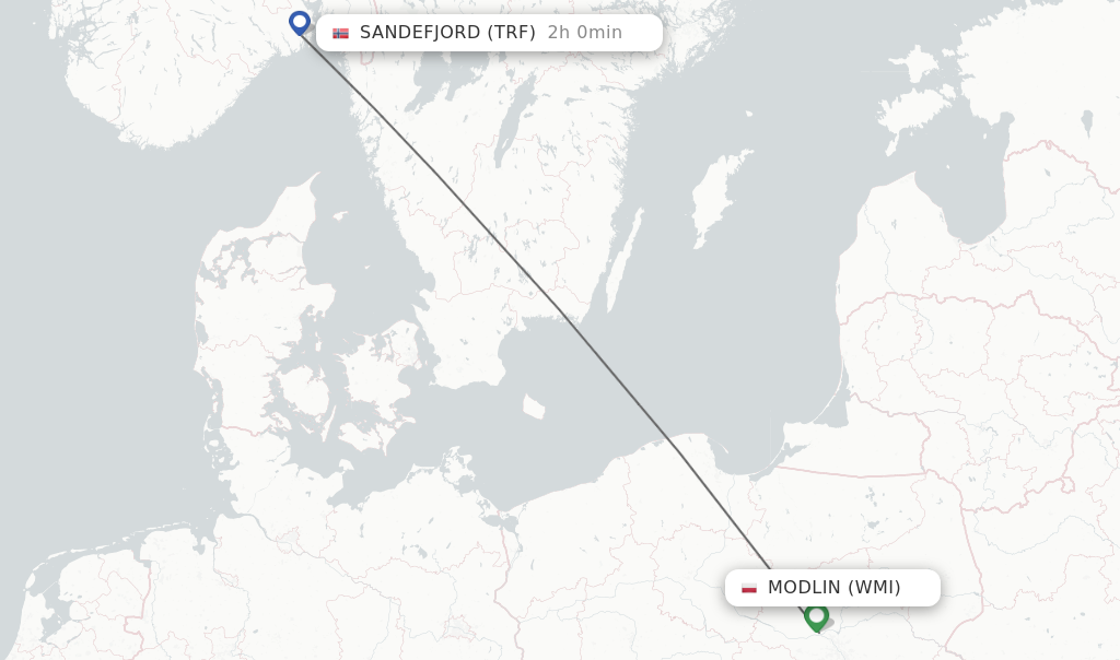 Flights from Modlin to Sandefjord route map