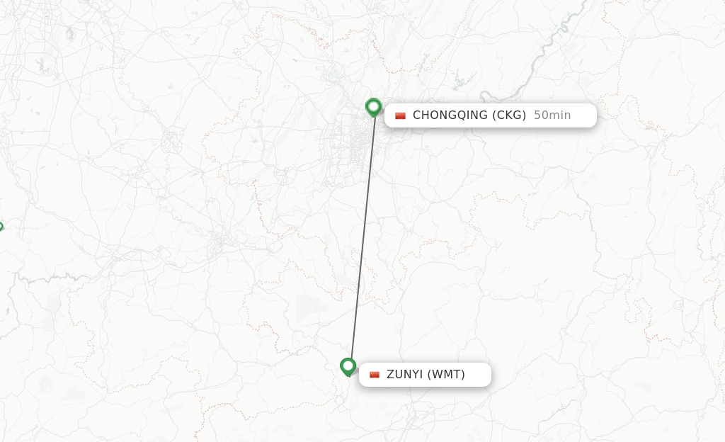 Flights from Zunyi to Chongqing route map