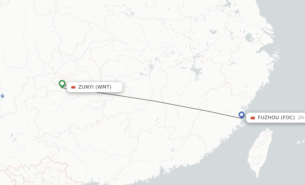 Flights from Zunyi to Fuzhou route map