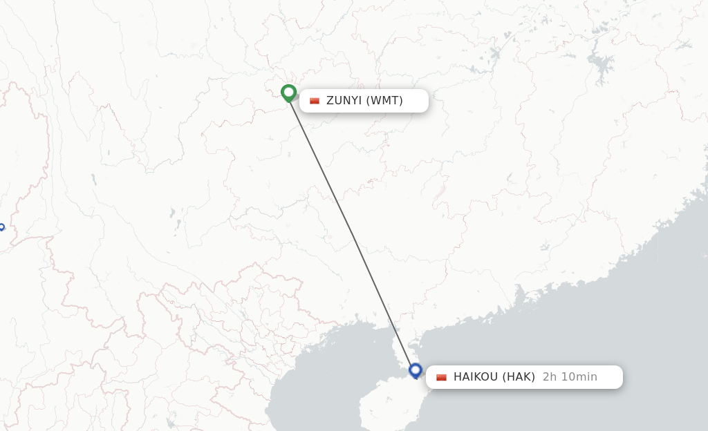 Flights from Zunyi to Haikou route map