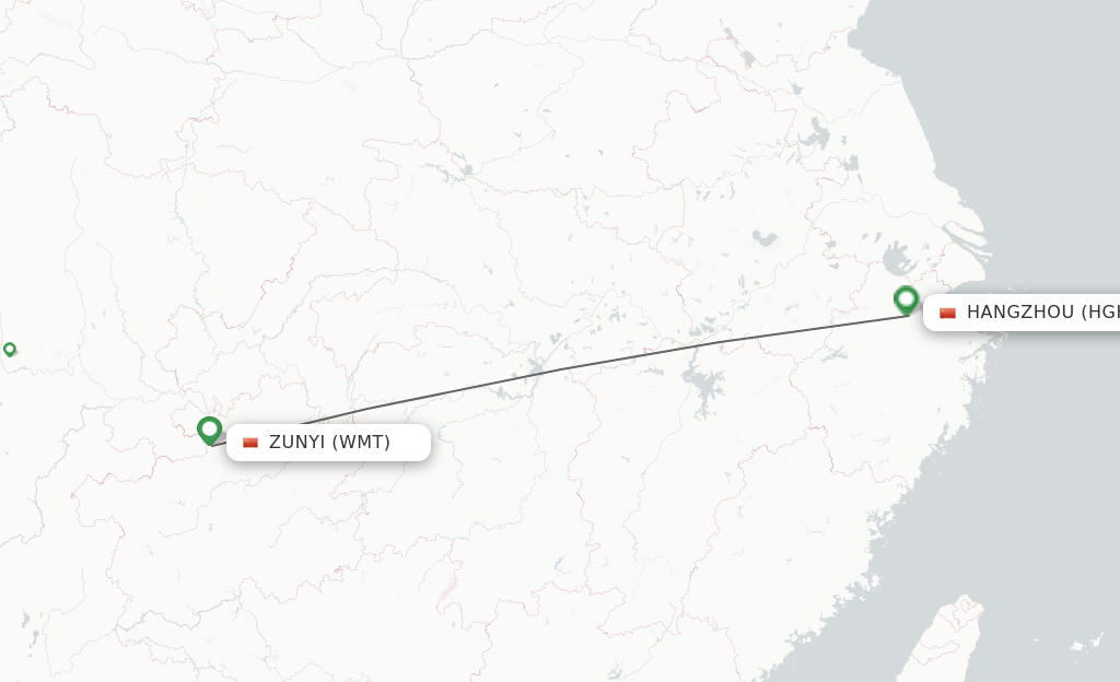 Flights from Zunyi to Hangzhou route map