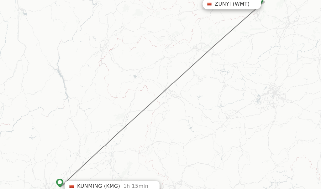 Flights from Zunyi to Kunming route map