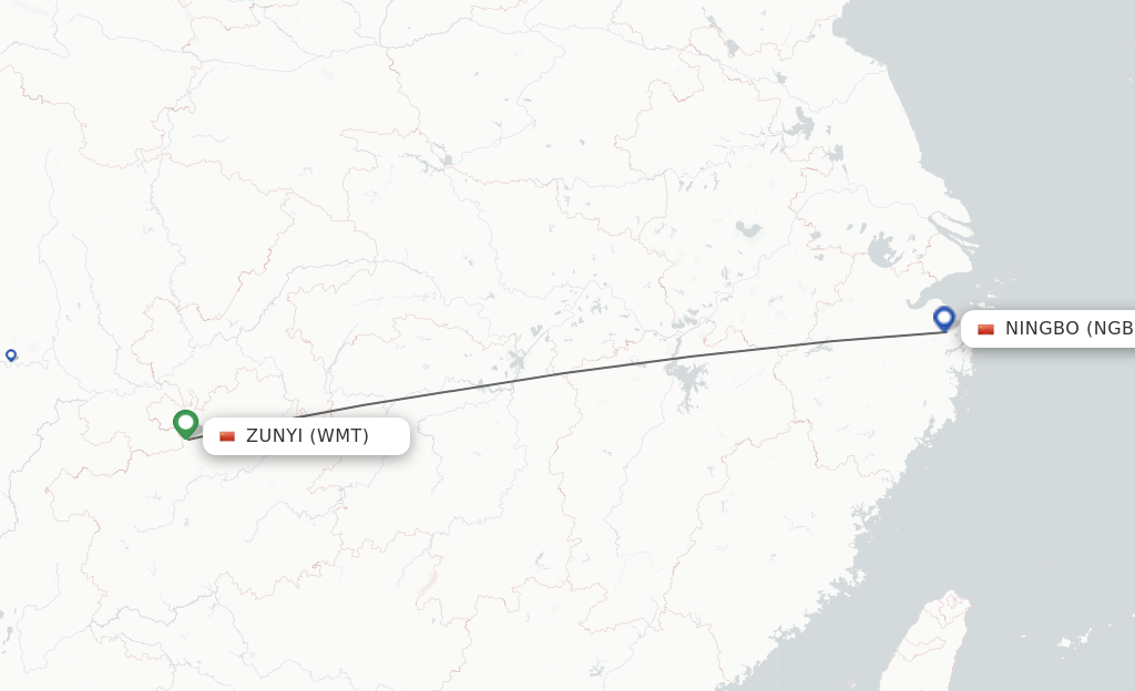Flights from Zunyi to Ningbo route map