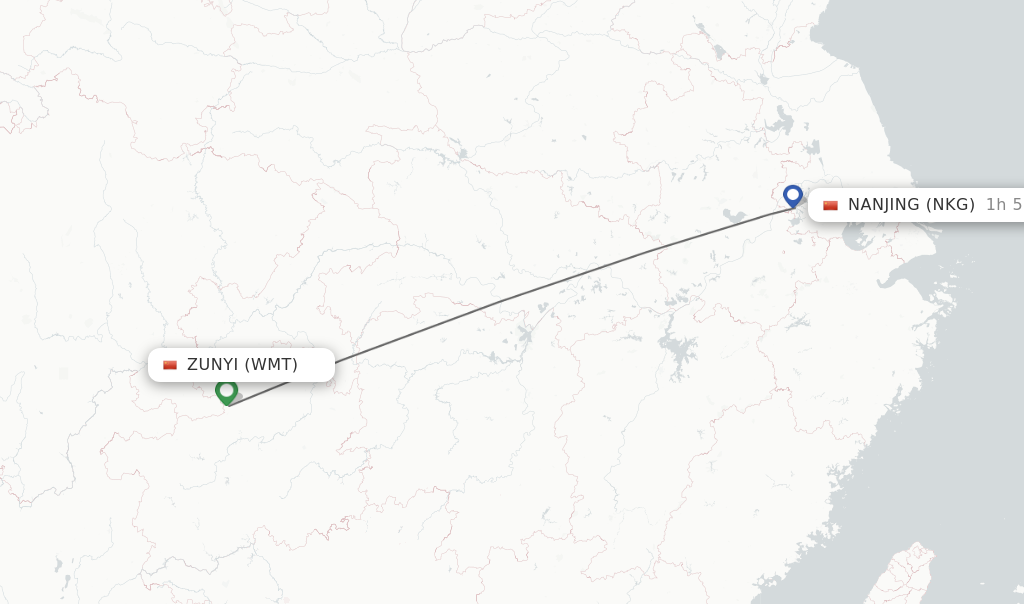 Flights from Zunyi to Nanjing route map
