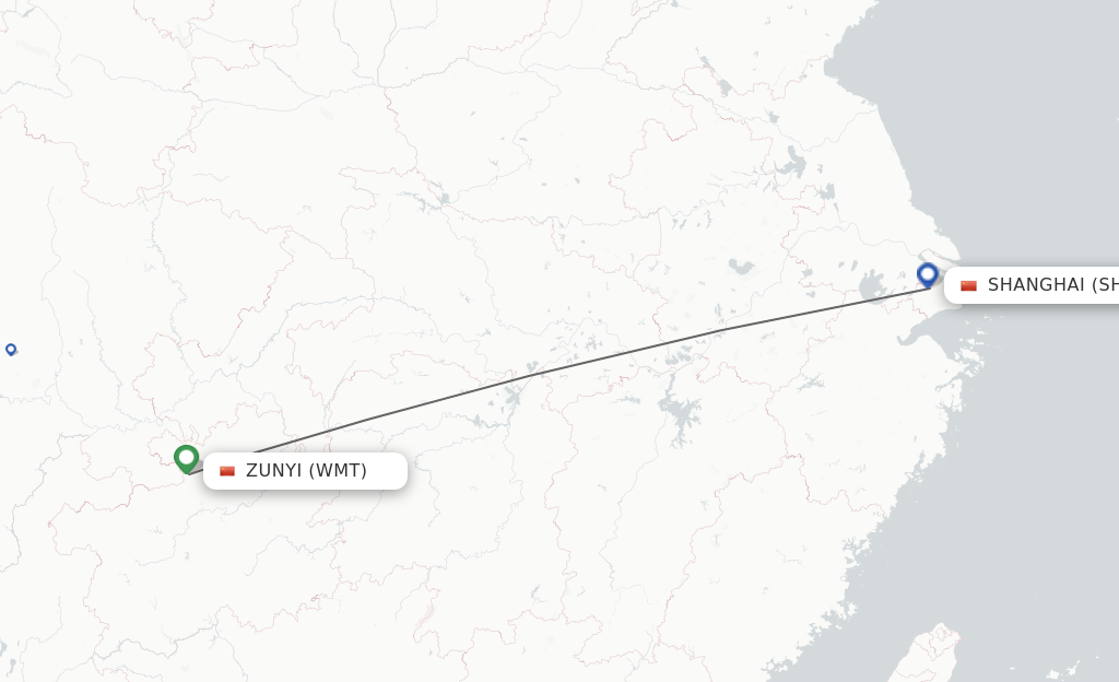 Flights from Zunyi to Shanghai route map