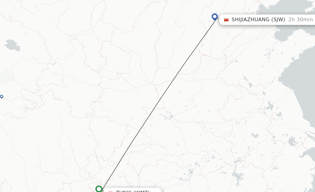 Flights from Zunyi to Shijiazhuang route map