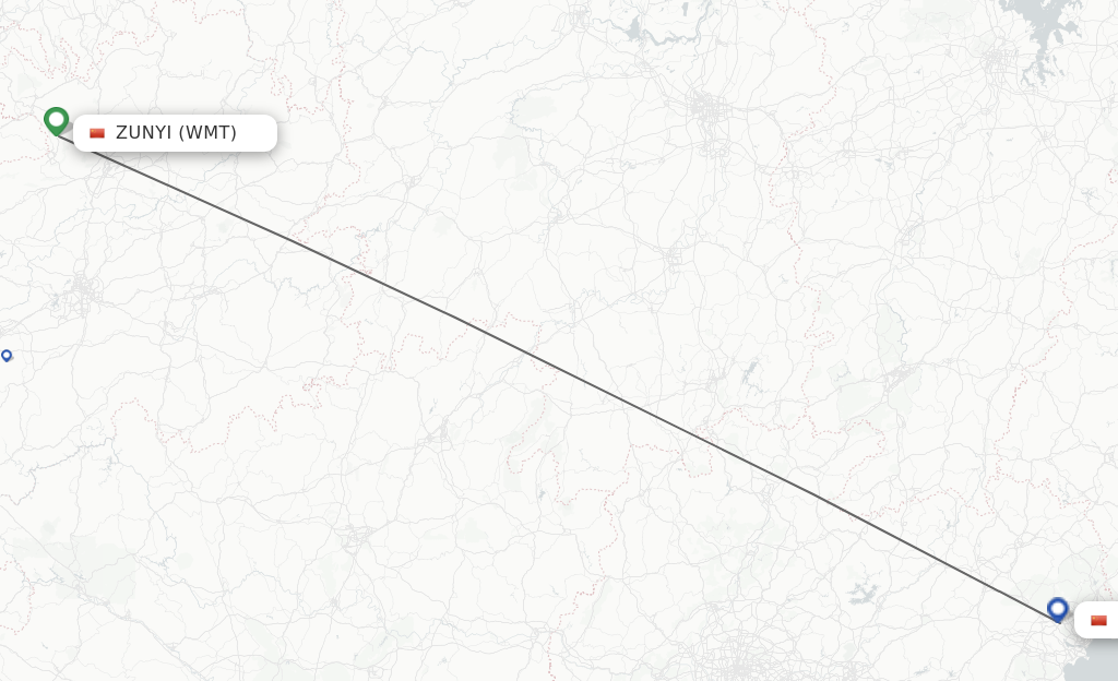 Flights from Zunyi to Jieyang route map