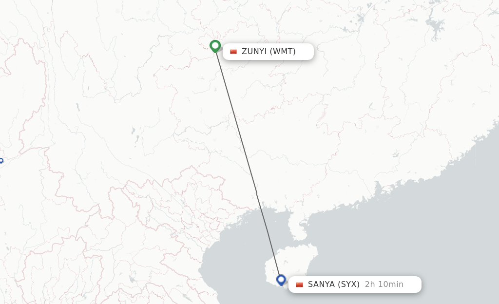 Flights from Zunyi to Sanya route map
