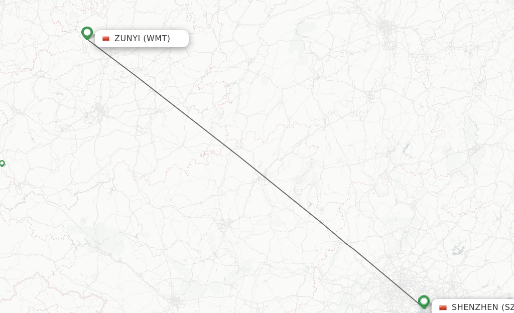 Flights from Zunyi to Shenzhen route map