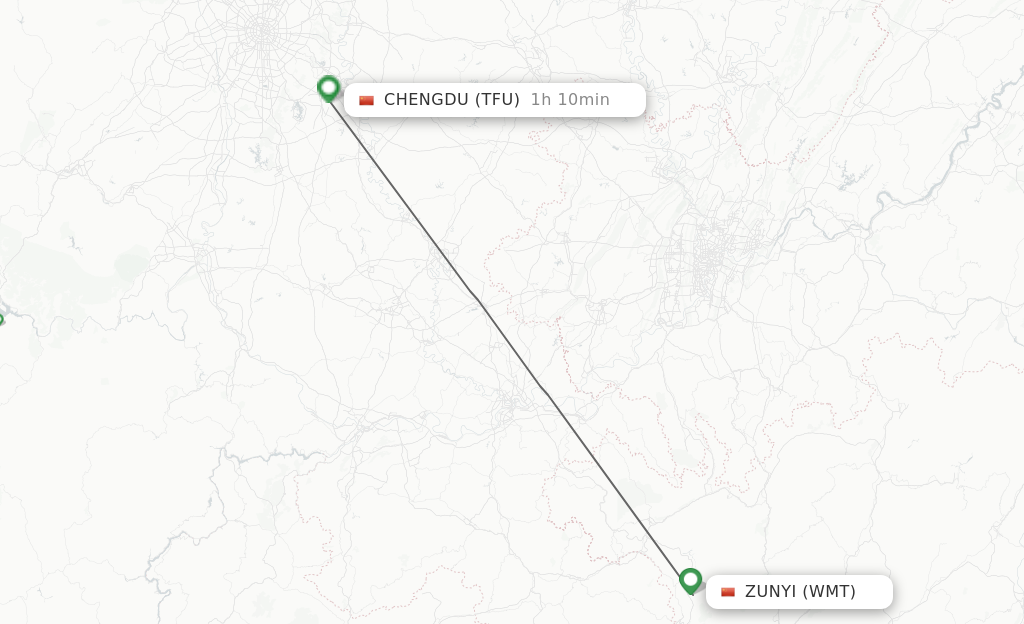 Flights from Zunyi to Chengdu route map