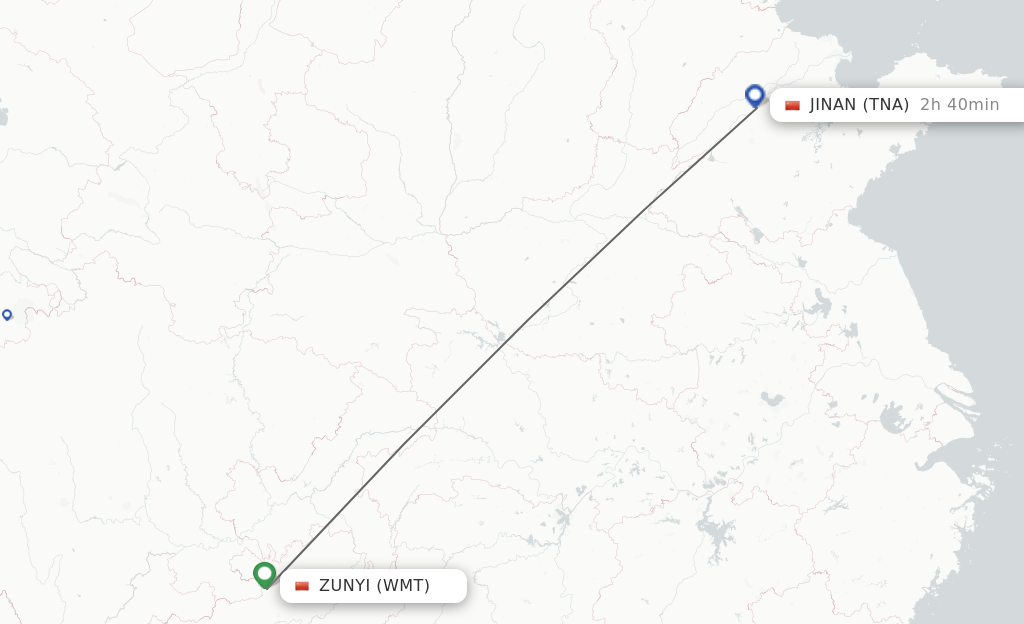Flights from Zunyi to Jinan route map