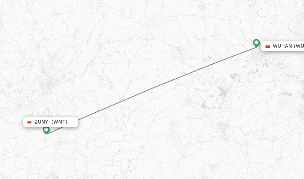 Flights from Zunyi to Wuhan route map