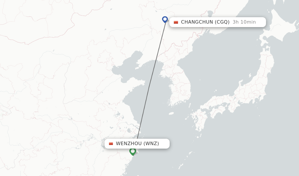 Flights from Wenzhou to Changchun route map