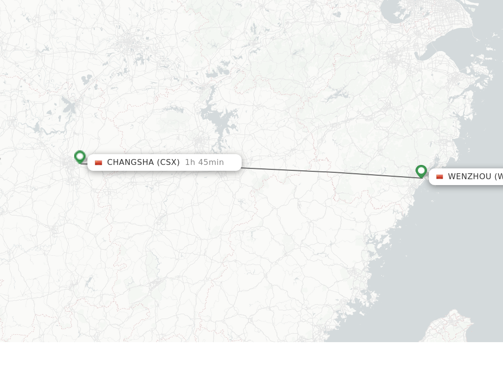 Flights from Wenzhou to Changsha route map