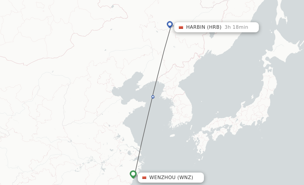 Flights from Wenzhou to Harbin route map