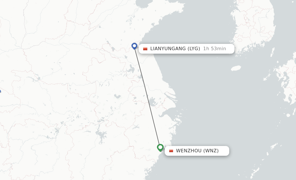 Flights from Wenzhou to Lianyungang route map