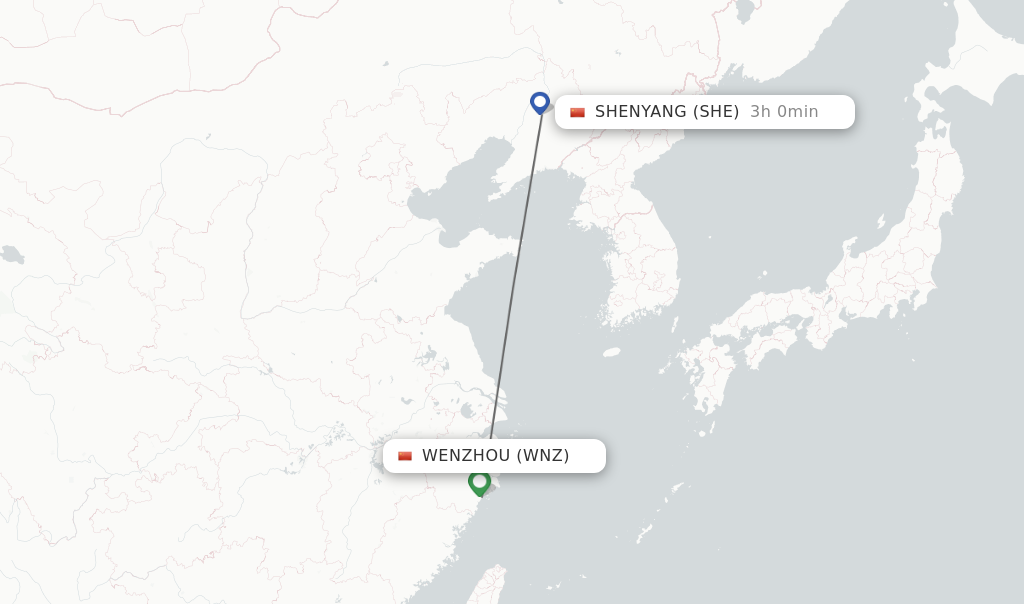 Flights from Wenzhou to Shenyang route map