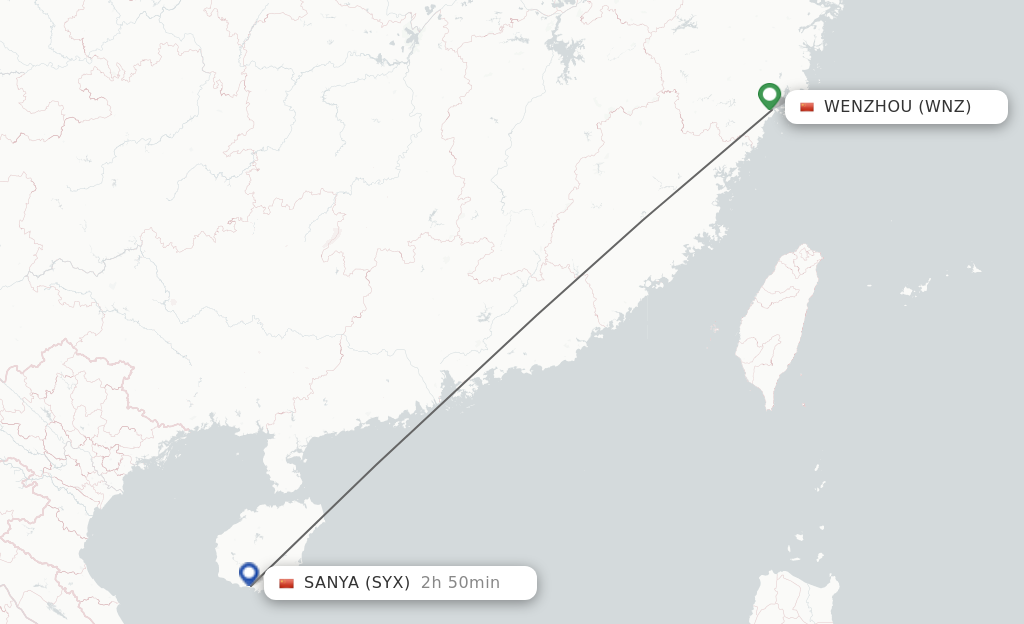 Flights from Wenzhou to Sanya route map